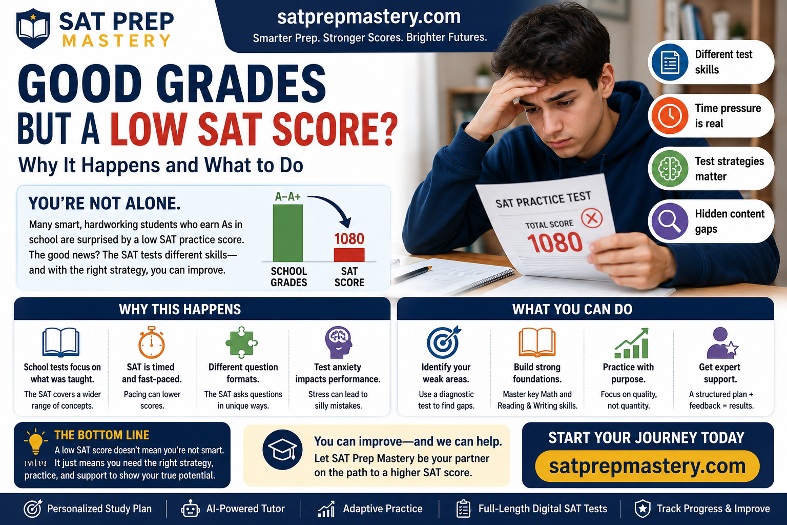 Parent and high school student reviewing why strong school grades did not match a low Digital SAT practice score