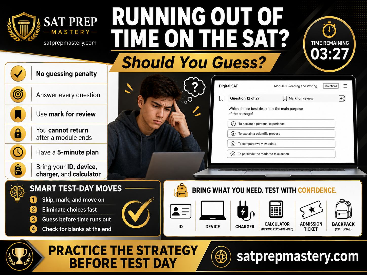 "High school student using a Digital SAT timing strategy and deciding whether to guess before the Bluebook module timer expires."
